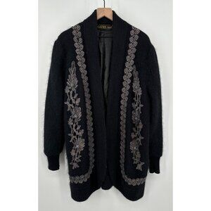 Gizel Angora Wool Open Front Cardigan Women OS Black Embroidered Beaded Longline